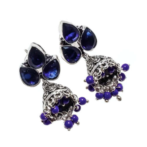 Handmade Sapphire Quartz and Purple Chalcedony Jhumki .925 Silver Plated Stud Earrings