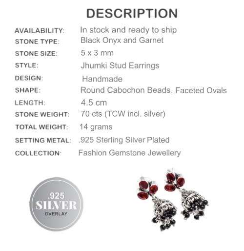 HANDMADE NATURAL BLACK ONYX , GARNET (JUMKI) GEMSTONE SILVER EARRINGS