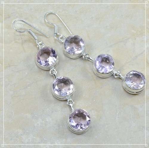 Pink Topaz Facet Cut Rounds set in .925 Sterling Silver Plated Handmade Drop Dangle Earrings