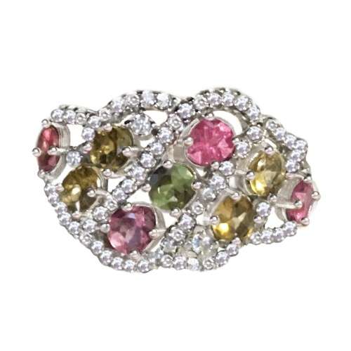 Deluxe Unheated Multi-Tourmaline, White Cubic Zirconia Solid. 925 Sterling Silver Ring Size 6.5