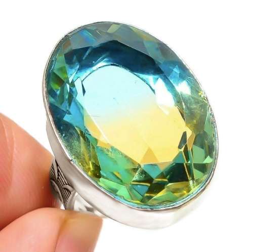 AQUA GREEN BI- COLOUR TOURMALINE .925 SILVER RING SIZE 9