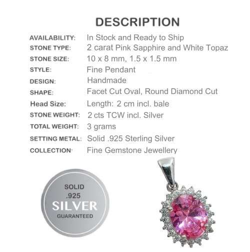 2 cts Pink Sapphire and White Topaz Gemstone set in Solid .925 Sterling Silver Pendant