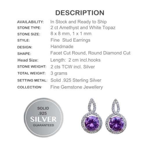 2 cts Purple Amethyst and White Topaz set in Solid .925 Sterling Silver Stud Earrings