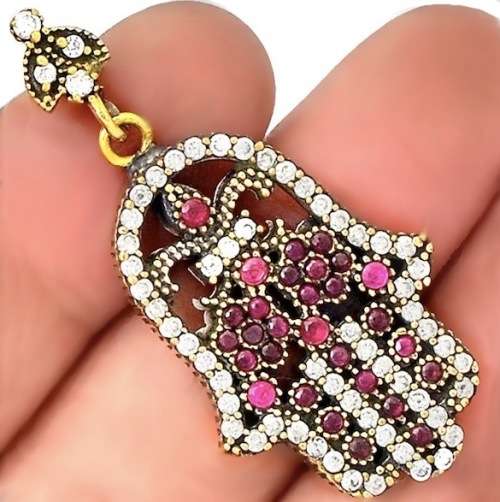 Hamsa (Hand of God) Two Tone Turkish Ruby and White Topaz set in Solid 925 Sterling Silver Pendant
