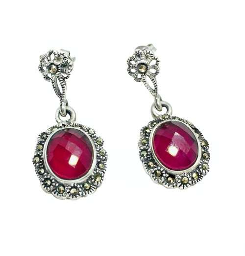Antique style Pink Red Ruby Gemstone, Marcasite and Solid .925 Sterling Silver Earrings