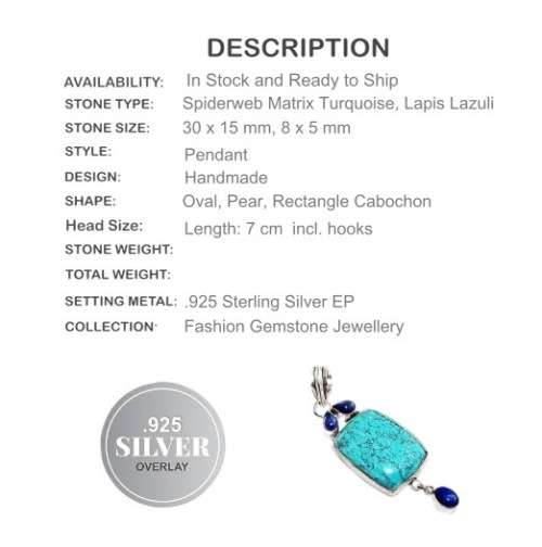 Spiderweb Matrix Turquoise, and Lapis Lazuli  Gemstone 925 Silver Pendant
