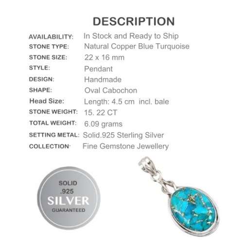 15.24 Ct Natural Copper Turquoise Gemstone Solid .925 Sterling Silver Pendant