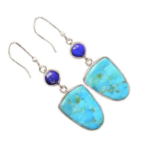 Natural Turquoise, Lapis Lazuli  Gemstone set in Solid .925 Sterling Silver Earrings
