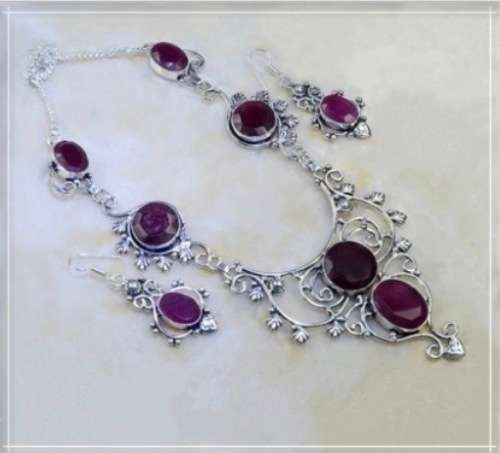 Indian Ruby Gemstone .925 Sterling Silver Necklace and Earrings Set