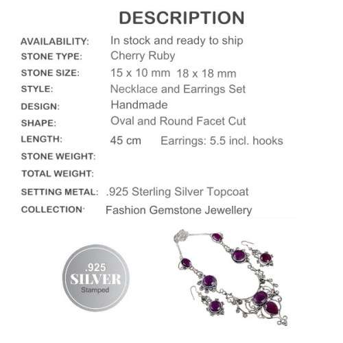 Indian Ruby Gemstone .925 Sterling Silver Necklace and Earrings Set