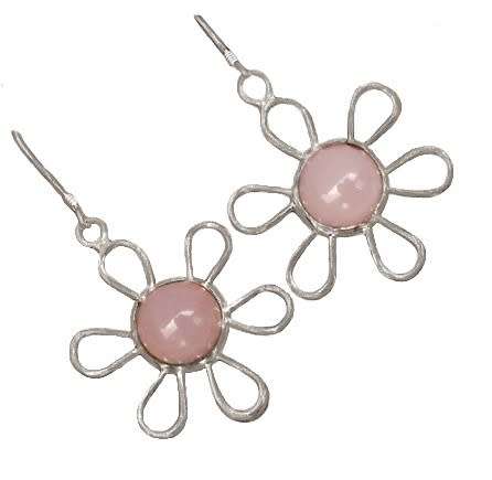 Natural Pink Rose Quartz Gemstone set in Solid .925 Sterling Silver Whimsical Floral Earrings