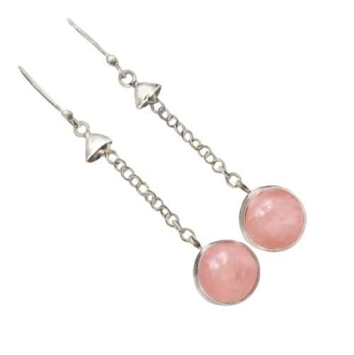 Natural Pink Rose Quartz Round Sphere set in  Solid .925 Sterling Silver Drop Dangle Earrings