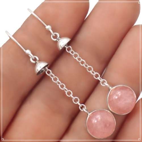 Natural Pink Rose Quartz Round Sphere set in  Solid .925 Sterling Silver Drop Dangle Earrings