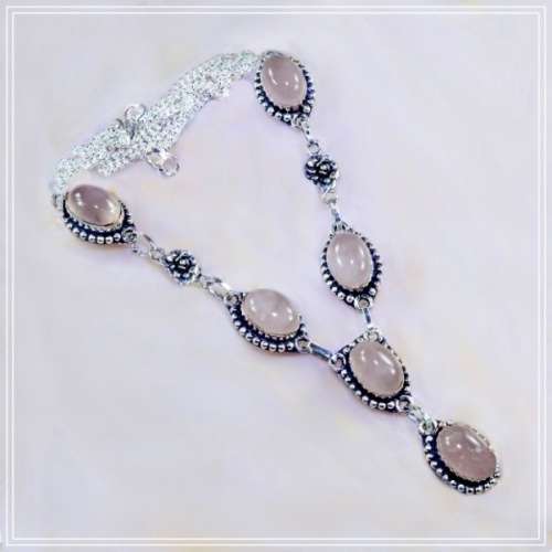 Natural Rose Quartz set in .925 Sterling Silver Plated Handmade Antique Style Rose Accent Necklace
