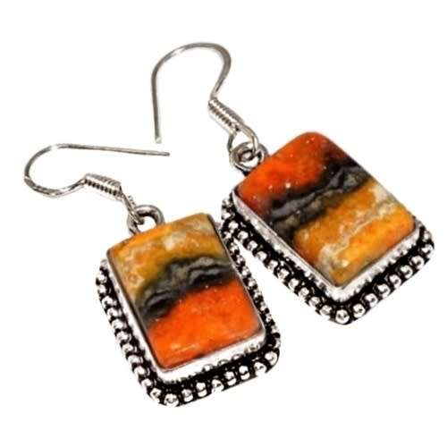 Natural Indonesian Bumble Bee Jasper Rectangle Gemstone set in .925 Sterling Silver Plated Earrings