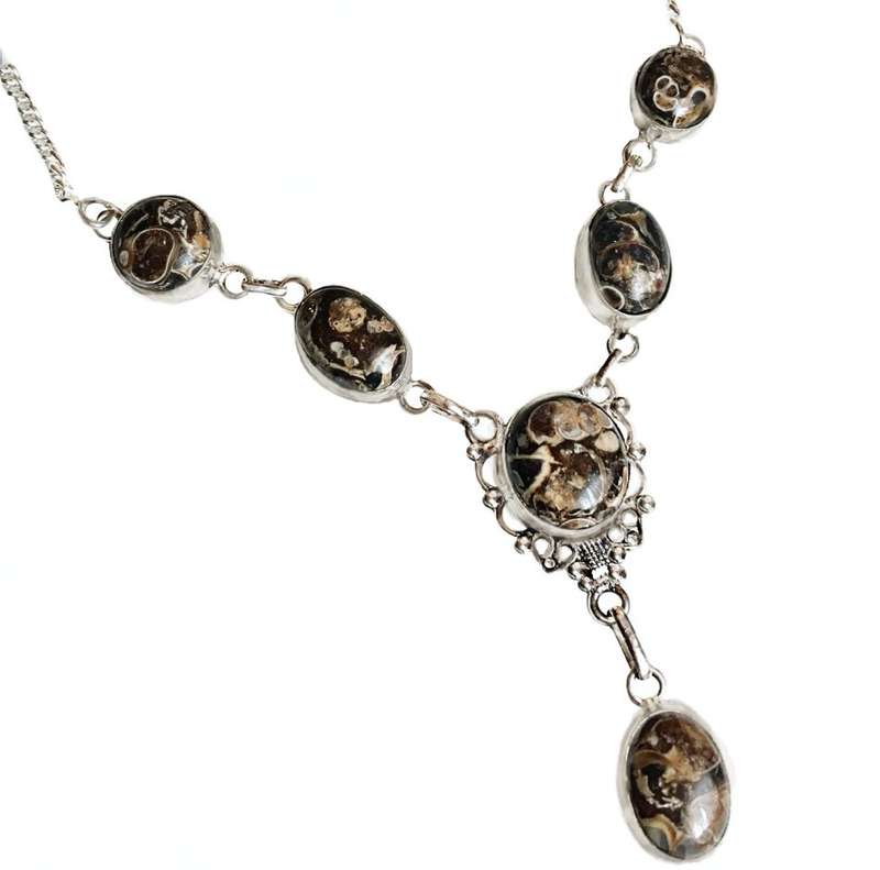 Natural Turritella  Oval Gemstone set in .925 Sterling Silver Plated Handmade Necklace