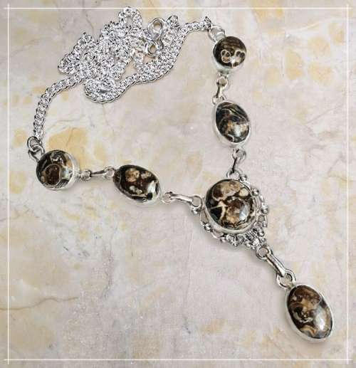 Natural Turritella  Oval Gemstone set in .925 Sterling Silver Plated Handmade Necklace