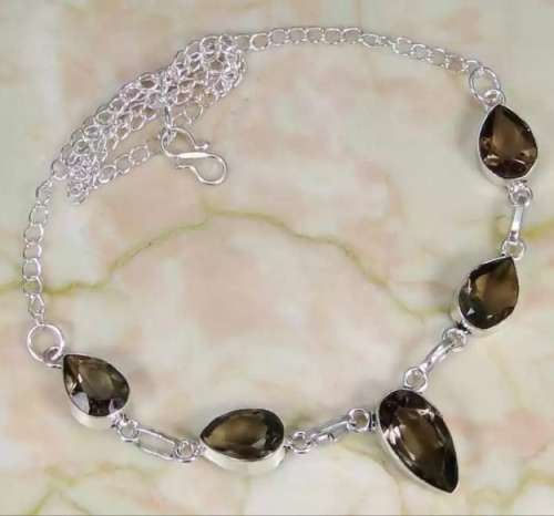Smoky Topaz Pear Shape Gemstones set in .925 Sterling Silver Plated Handmade Necklace