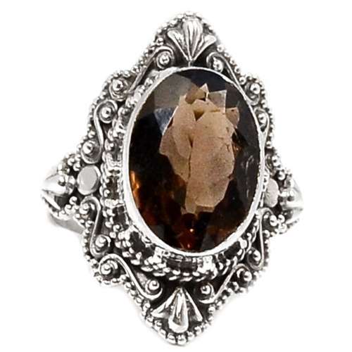 Natural Smoky Topaz Oval Gemstone set in Antique Style Solid .925 Sterling Silver Ring Size US 7 / O