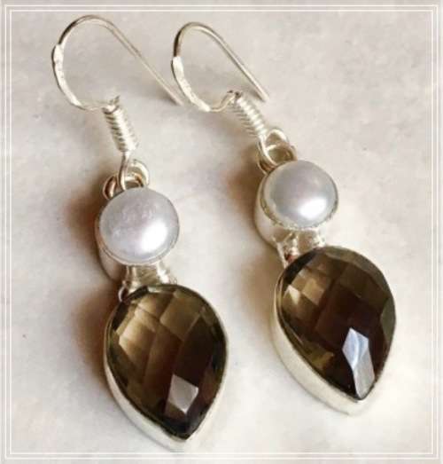 Handmade Smoky Topaz and White River Pearl Gemstone 925 Sterling Silver Plated Earrings