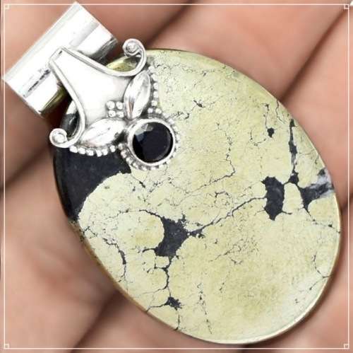 Natural Pyrite In Magnetite and Black Onyx  in Solid .925 Sterling Silver Pendant