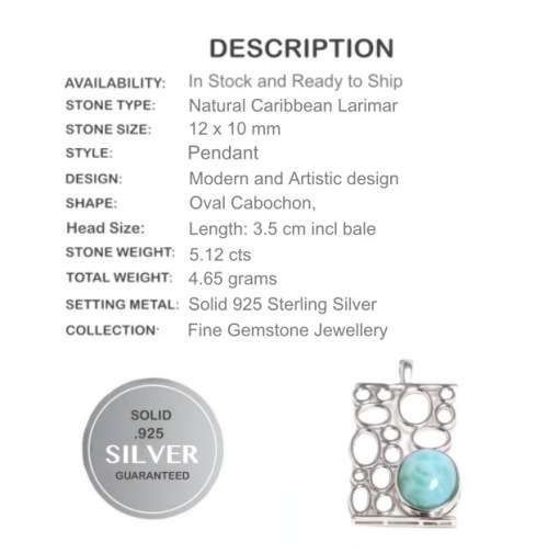 Natural Caribbean Larimar Oval Gemstone set in Solid .925 Sterling Silver Moderdern Stylish Pendant