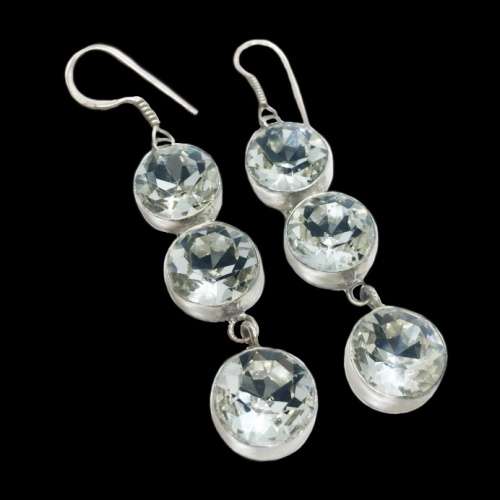 Crystal Quartz Round Facet Cut set in .925 Sterling Silver Plated Handmade Drop Dangle Earrings