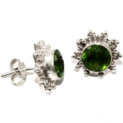 Peridot Round Facet Cut set in  .925 Sterling Silver Plated Handmade Antique Setting Stud Earrings
