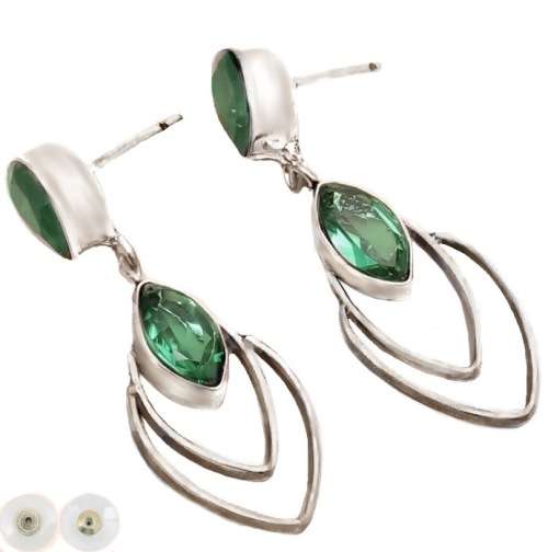 Modern Emerald Quartz pear Shape Gemstones set in 925 Sterling Silver Plated Handmade Stud Earrings
