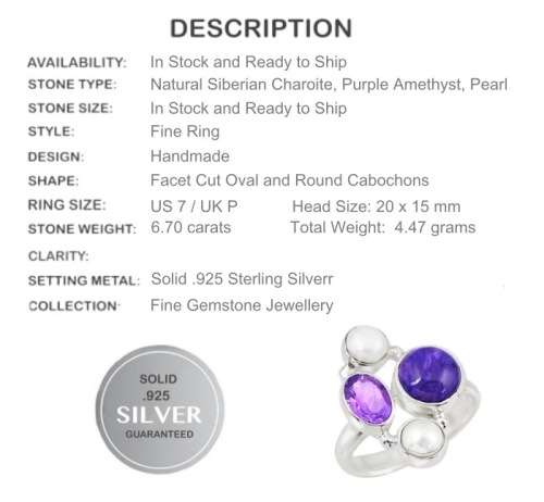 6.70 cts Natural Siberian Charoite Purple Amethyst Pearl Solid .925 Silver Ring Size 7 or O