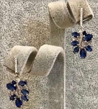 Dainty Blue Sapphire & White Cubic Zirconia in Solid .925 Sterling Silver Stud Drop Dangle Earrings