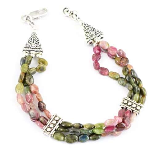 128.95 cts Natural Unheated Watermelon Tourmaline Gemstone Silver Bracelet