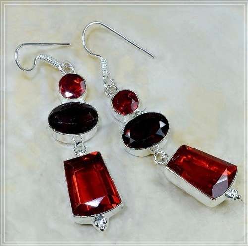 Mixed Shape Garnet Gemstones set in .925 Sterling Silver Plated Handmade Earrings