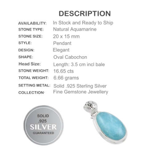 16.65 cts Handmade Natural Aquamarine Gemstone set in Solid 925 Sterling Silver Pendant