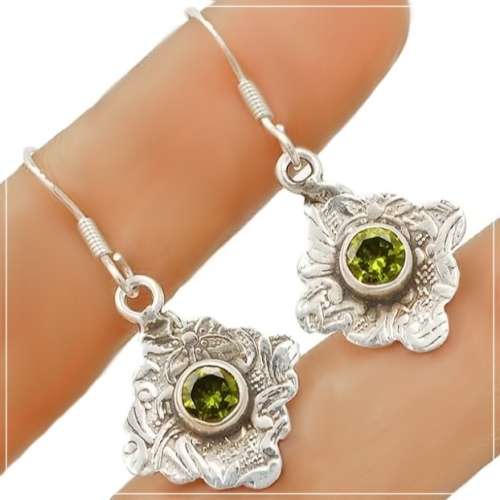 Natural Peridot Round Gemstone st in Solid .925 Sterling Silver Victorian Style Earrings