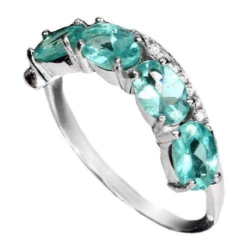 Deluxe Natural Apatite and White Cubic Zirconia Gemstone set in Solid .925 Silver Ring Size 6 / M