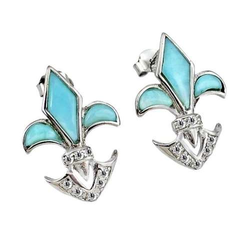 Fleur Des Lis Natural Caribbean Larimar Gemstone .925 Sterling Silver Stud Earrings