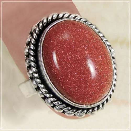 Shimmery Oval Sun Sitara Goldstone Gemstone .925 Sterling Silver Plated Ring Size US 8.5
