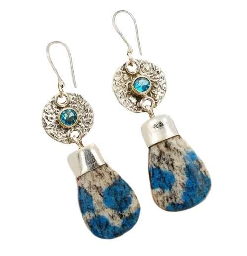 Natural K2 Granite with Blue Azurite and Blue Topaz Gemstone Solid .925 Sterling Silver Earrings