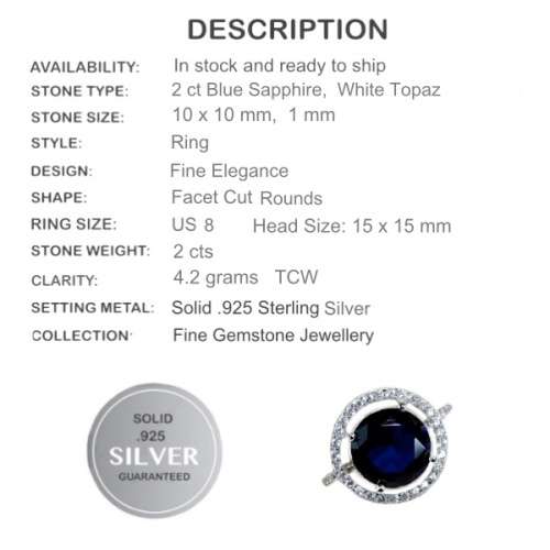 2 cts Sapphire Quartz, White Topaz Solid.925 Sterling Silver Ring Size 8 or Q