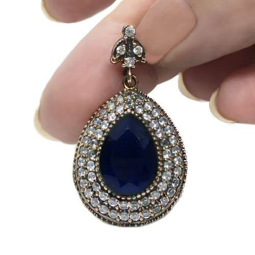Turkish Two Tone Natural Indian Sapphire and White Topaz set In Solid. 925 Sterling Silver Pendant