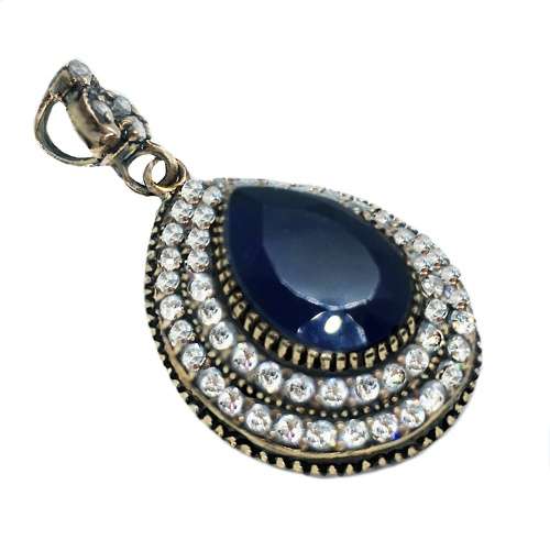 Turkish Two Tone Natural Indian Sapphire and White Topaz set In Solid. 925 Sterling Silver Pendant