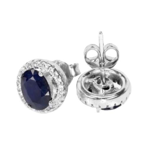 Natural Blue Sapphire and AAAAWhite Cubic Zirconia in Solid .925 Sterling Silver Stud Earrings