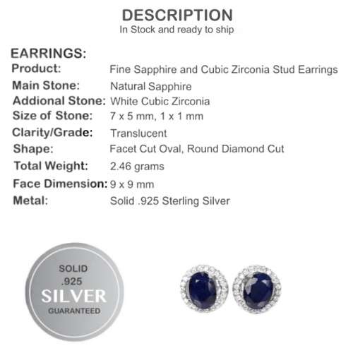 Natural Blue Sapphire and AAAAWhite Cubic Zirconia in Solid .925 Sterling Silver Stud Earrings