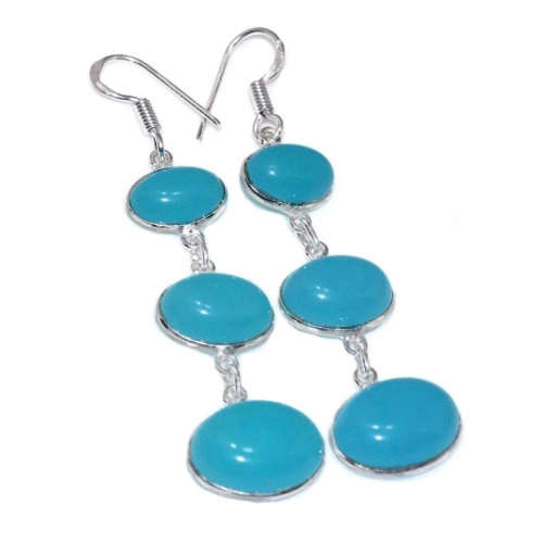 Blue Chalcedony Oval Gemstones set in .925 Sterling Silver Plated  Handmade Long Earrings