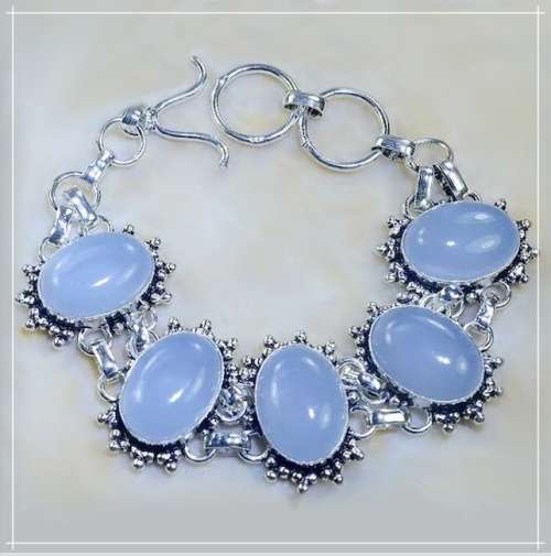 Antique Style Blue Chalcedony Oval Gemstone set in .925 Sterling Silver Plated Handmade Bracelet