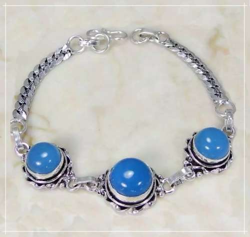 Blue Jade Round Gemstones set in .925 Sterling Silver Plated Handmade Bracelet