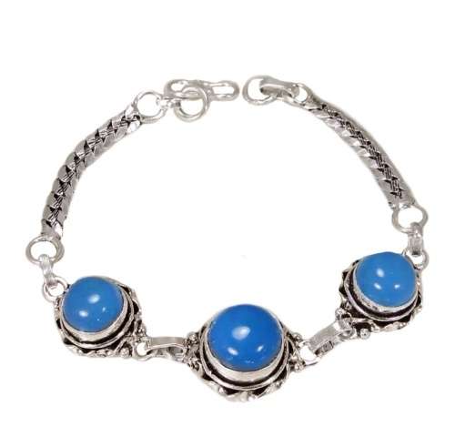 Blue Jade Round Gemstones set in .925 Sterling Silver Plated Handmade Bracelet