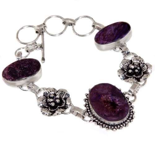 Natural Charoite Oval Gemstone with Floral Charm  925 Silver Plated Handmade Bracelet