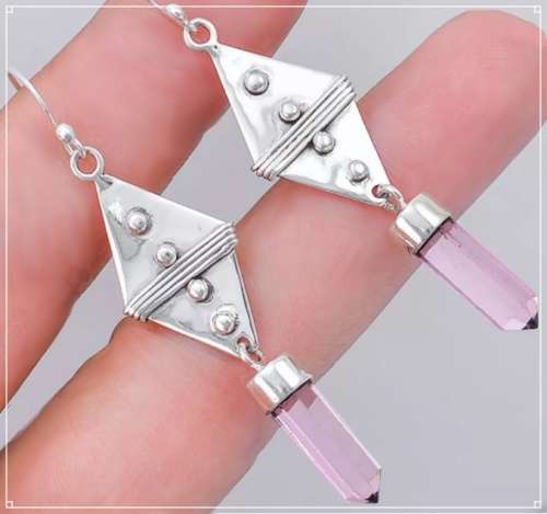Natural  Pink Aura Quartz Point Gemstone Set in Solid .925 Sterling Silver Earrings